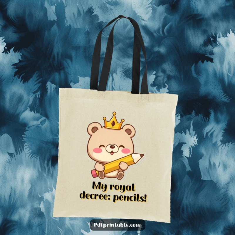 Funny Tote Bag: Giggling bear king with a crown and giant pencil, ready for royal errands and humorous hauls.