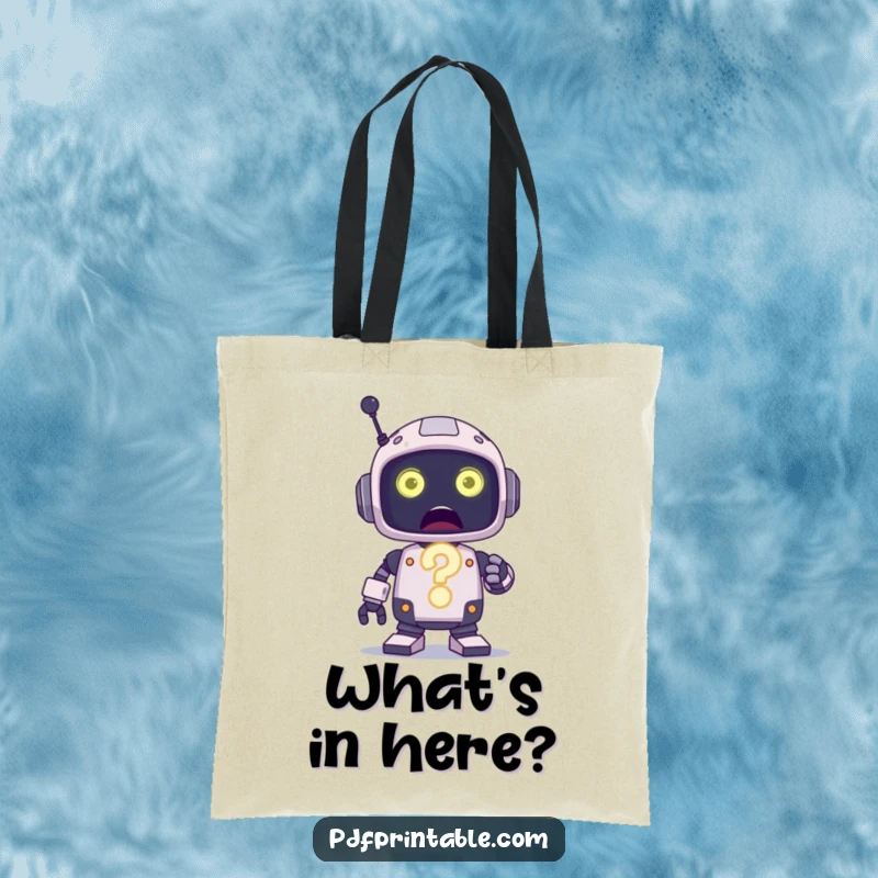 Funny Tote Bag featuring a surprised robot character holding a large, glowing question mark, ready to carry your thoughts.